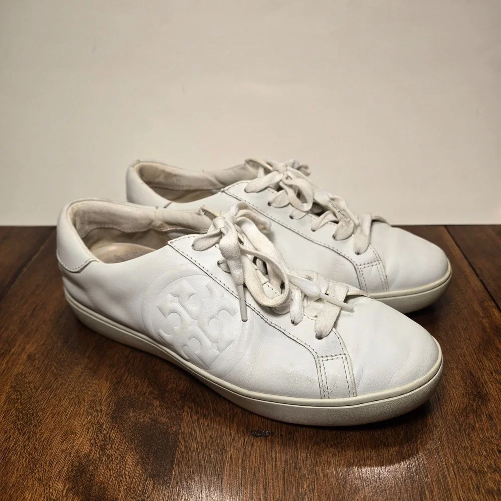 Tory Burch Women's Double T Howell Court Sneakers Size 8.5 M Shoes White Leather
